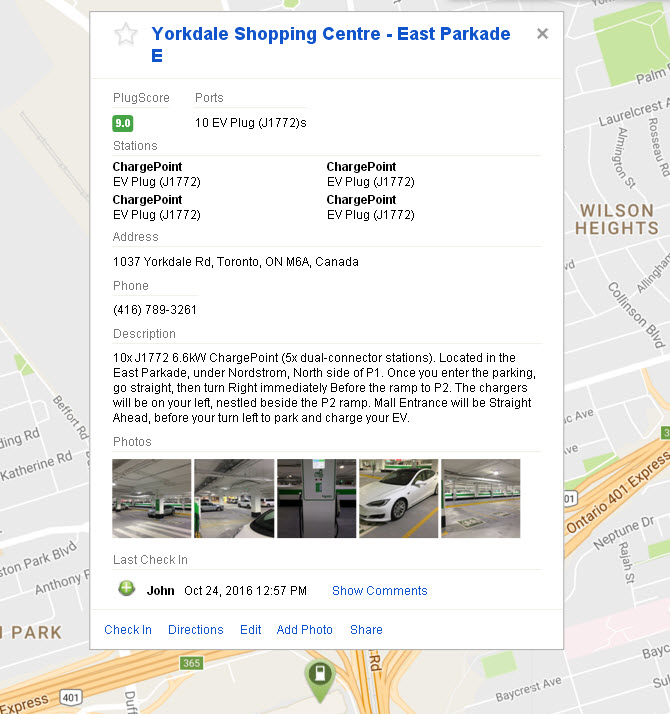 Yorkdale Mall Charging Startions - East Parkade - Description - Click for Link to PlugShare Live Listing