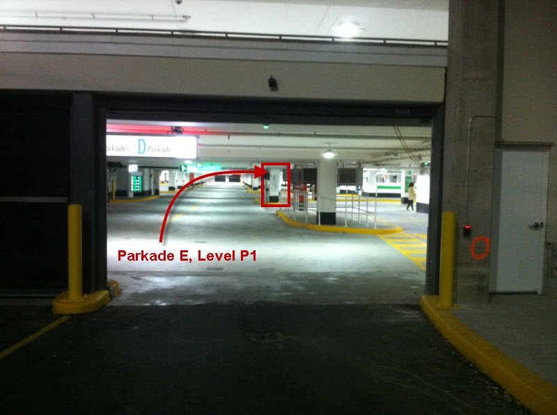 As you Drive Down the Ramp you See a 'D', but if you look ahead, you will See 'E', P1 - go here!